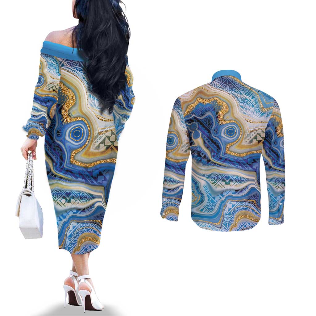Polynesian Tribal Tattoo Couples Matching Off The Shoulder Long Sleeve Dress and Long Sleeve Button Shirt Swirling Ocean Marble Pattern LT9 - Polynesian Pride
