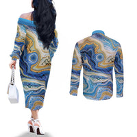 Polynesian Tribal Tattoo Couples Matching Off The Shoulder Long Sleeve Dress and Long Sleeve Button Shirt Swirling Ocean Marble Pattern LT9 - Polynesian Pride