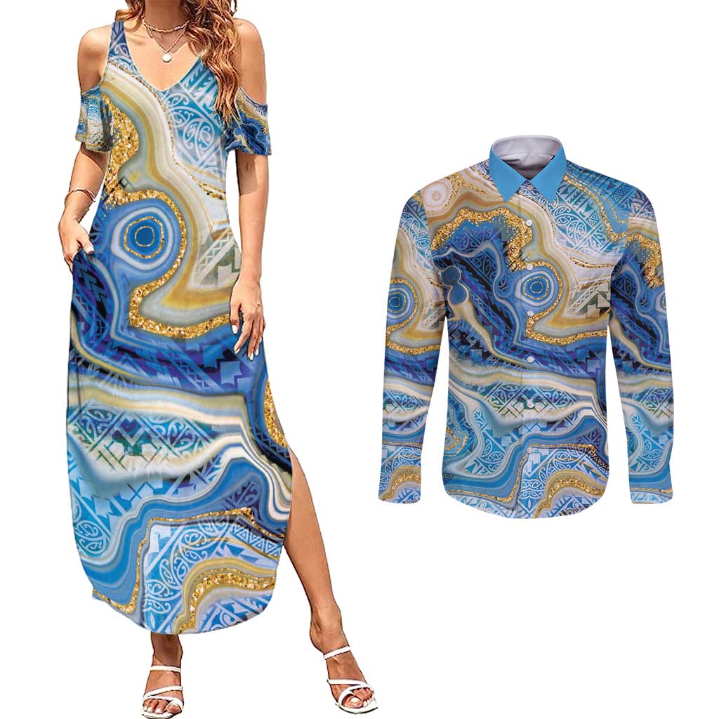 Polynesian Tribal Tattoo Couples Matching Summer Maxi Dress and Long Sleeve Button Shirt Swirling Ocean Marble Pattern