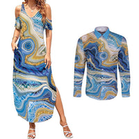 Polynesian Tribal Tattoo Couples Matching Summer Maxi Dress and Long Sleeve Button Shirt Swirling Ocean Marble Pattern
