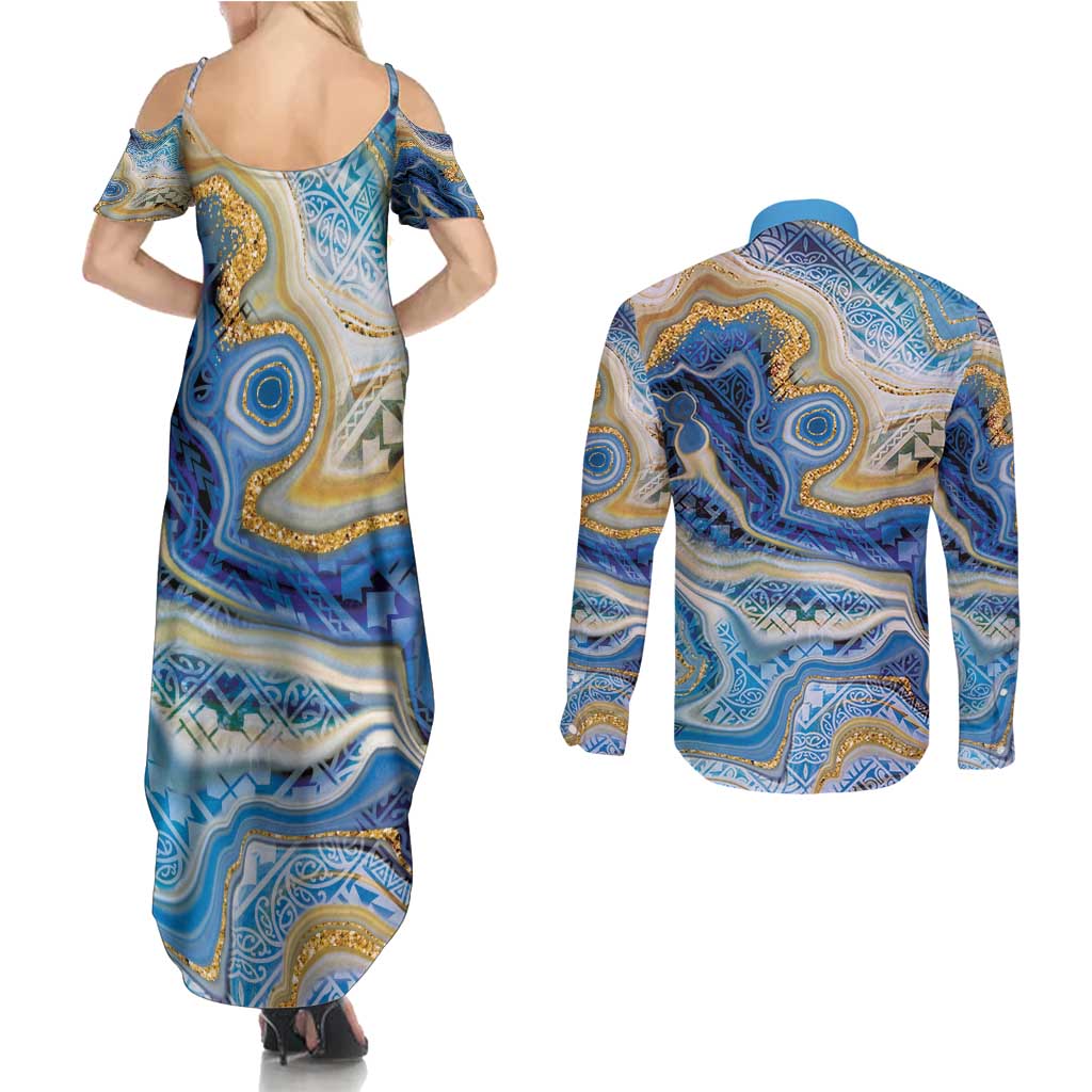 Polynesian Tribal Tattoo Couples Matching Summer Maxi Dress and Long Sleeve Button Shirt Swirling Ocean Marble Pattern