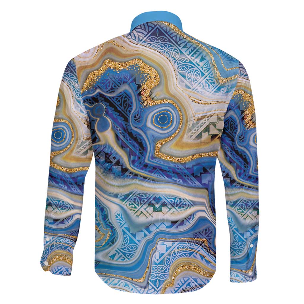 Polynesian Tribal Tattoo Family Matching Long Sleeve Bodycon Dress and Hawaiian Shirt Swirling Ocean Marble Pattern