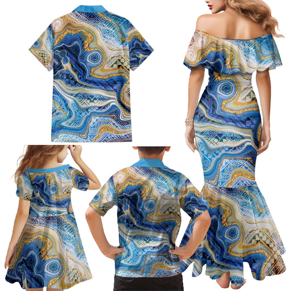Polynesian Tribal Tattoo Family Matching Mermaid Dress and Hawaiian Shirt Swirling Ocean Marble Pattern