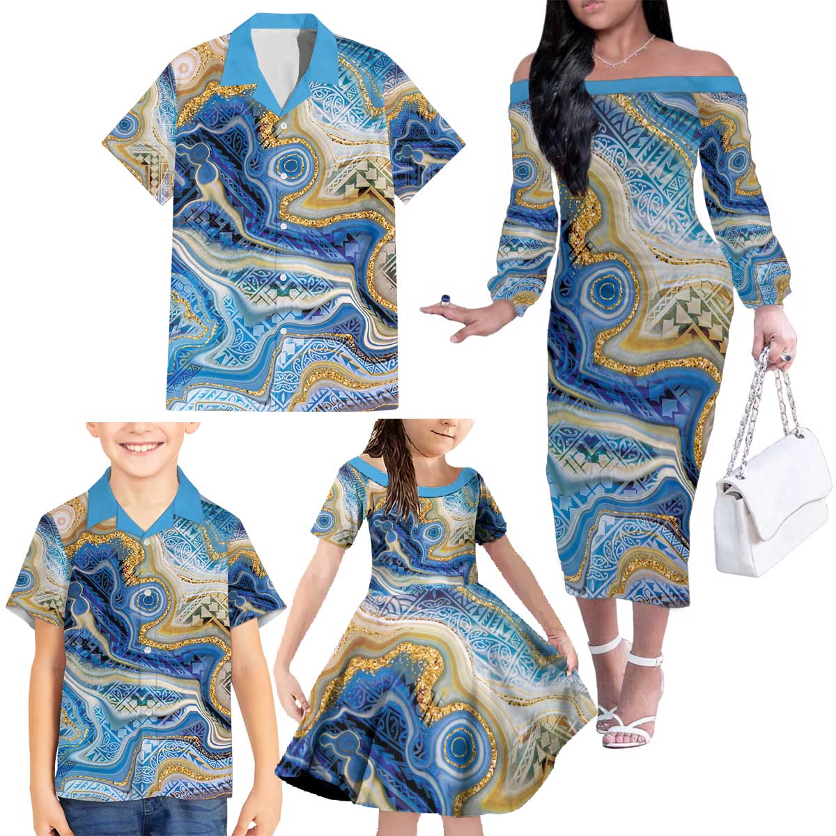 Polynesian Tribal Tattoo Family Matching Off The Shoulder Long Sleeve Dress and Hawaiian Shirt Swirling Ocean Marble Pattern