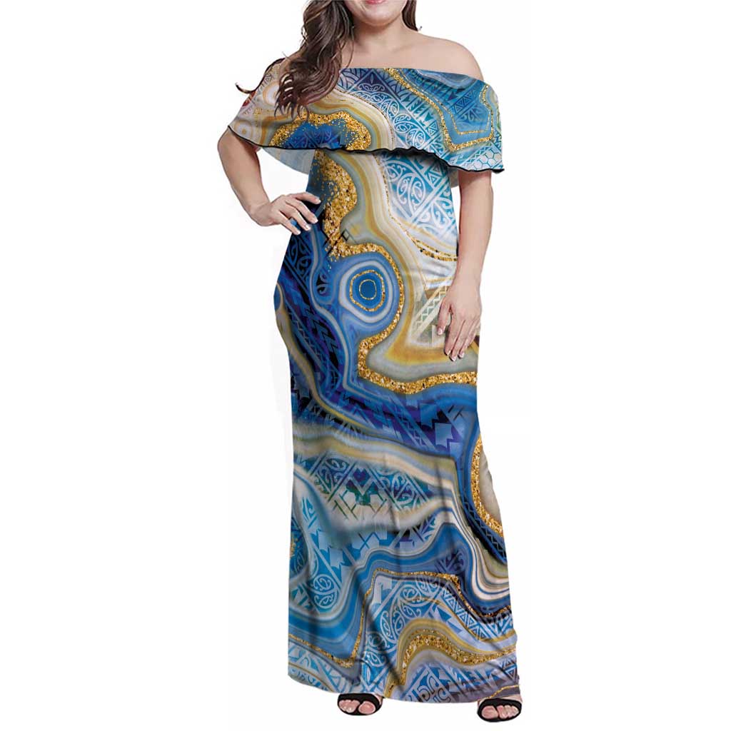 Polynesian Tribal Tattoo Family Matching Off Shoulder Maxi Dress and Hawaiian Shirt Swirling Ocean Marble Pattern