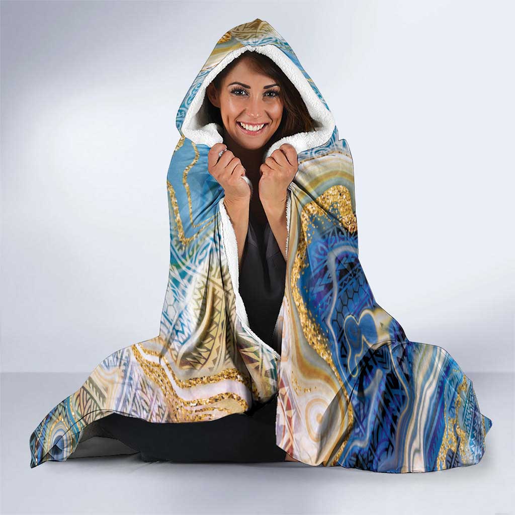 Polynesian Tribal Tattoo Hooded Blanket Swirling Ocean Marble Pattern