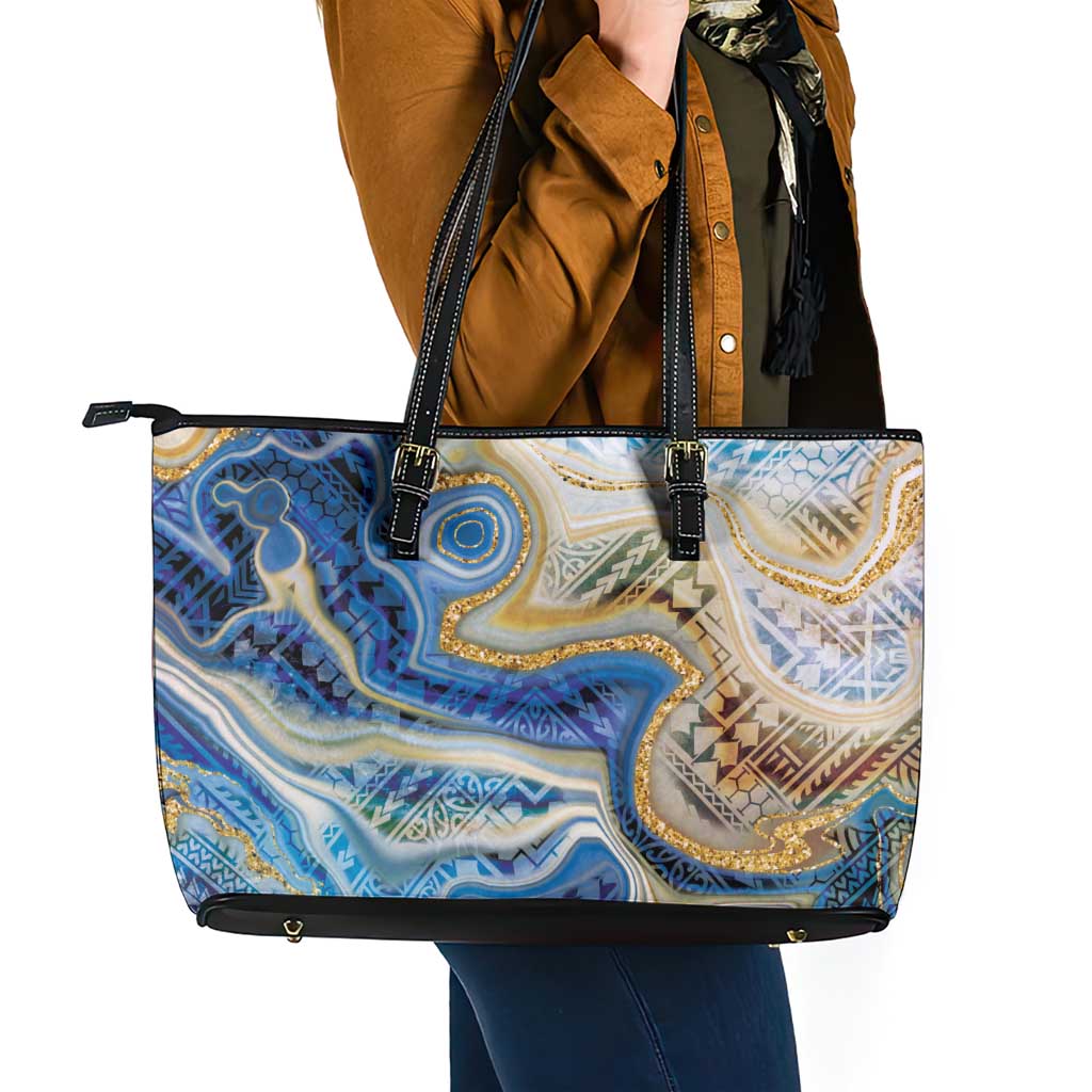 Polynesian Tribal Tattoo Leather Tote Bag Swirling Ocean Marble Pattern