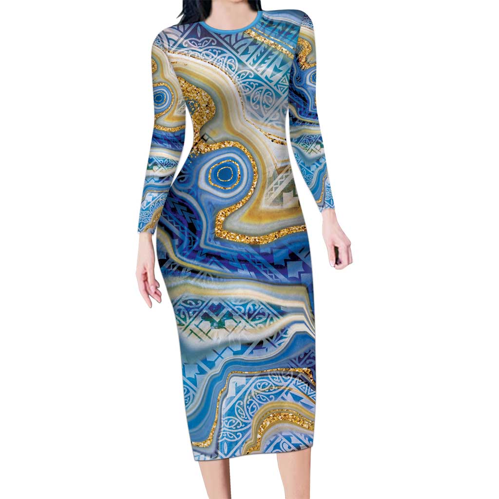 Polynesian Tribal Tattoo Long Sleeve Bodycon Dress Swirling Ocean Marble Pattern