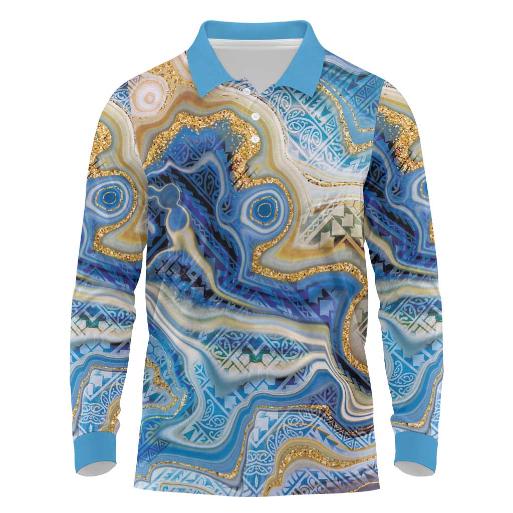 Polynesian Tribal Tattoo Long Sleeve Polo Shirt Swirling Ocean Marble Pattern LT9 Ocean - Polynesian Pride