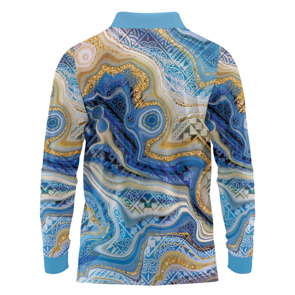Polynesian Tribal Tattoo Long Sleeve Polo Shirt Swirling Ocean Marble Pattern