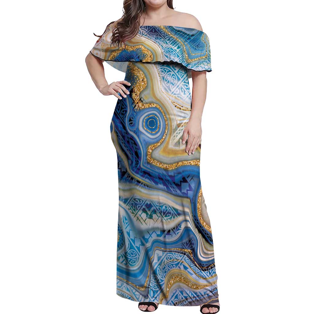 Polynesian Tribal Tattoo Off Shoulder Maxi Dress Swirling Ocean Marble Pattern