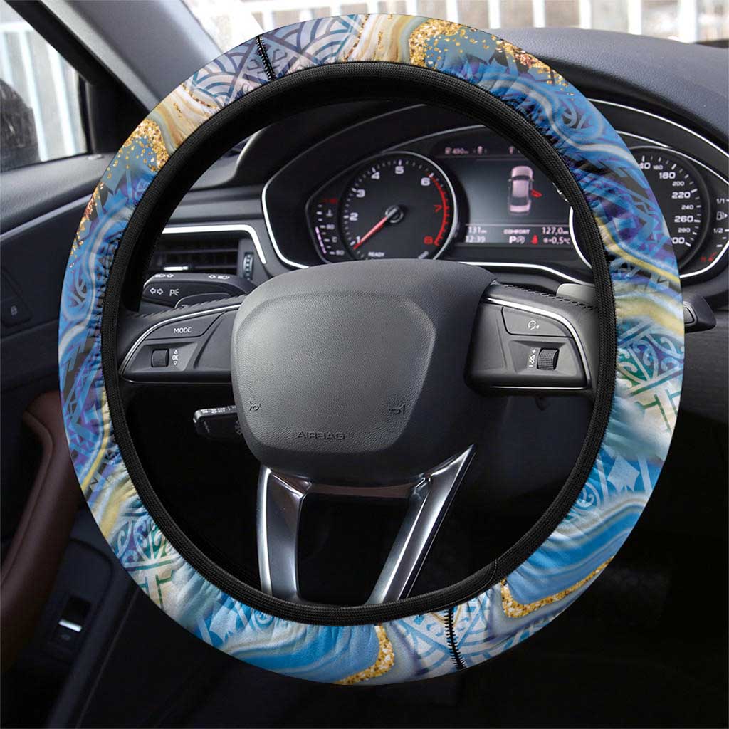 Polynesian Tribal Tattoo Steering Wheel Cover Swirling Ocean Marble Pattern