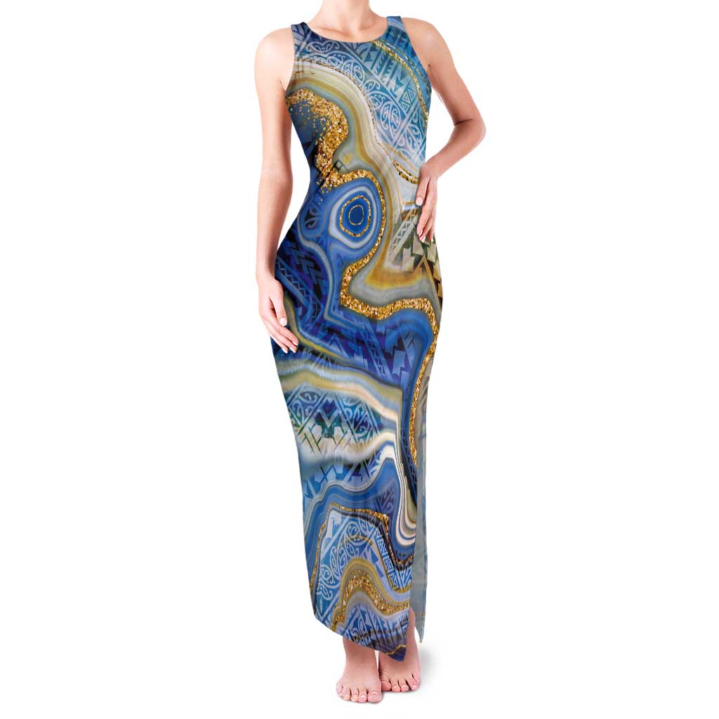 Polynesian Tribal Tattoo Tank Maxi Dress Swirling Ocean Marble Pattern