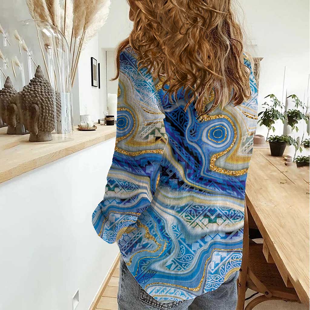 Polynesian Tribal Tattoo Women Casual Shirt Swirling Ocean Marble Pattern LT9 - Polynesian Pride