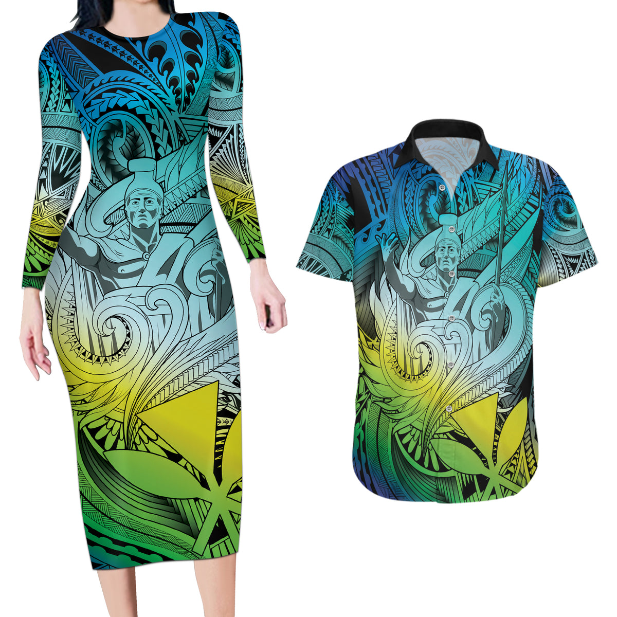 Personalised Aloha King Kamehameha Spirits Couples Matching Long Sleeve Bodycon Dress and Hawaiian Shirt Art Special LT9 Art - Polynesian Pride