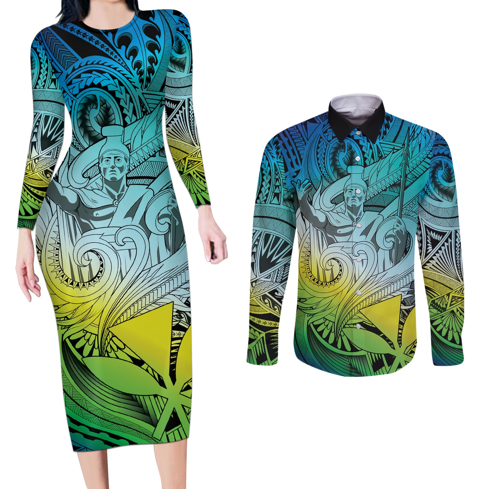 Personalised Aloha King Kamehameha Spirits Couples Matching Long Sleeve Bodycon Dress and Long Sleeve Button Shirt Art Special LT9 Art - Polynesian Pride