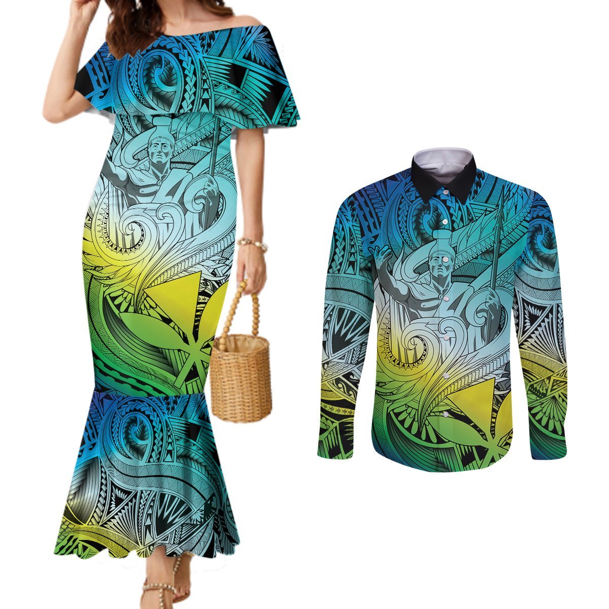 Personalised Aloha King Kamehameha Spirits Couples Matching Mermaid Dress and Long Sleeve Button Shirt Art Special LT9 Art - Polynesian Pride