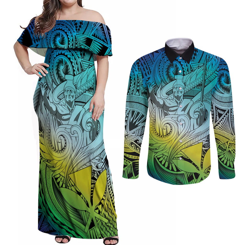 Personalised Aloha King Kamehameha Spirits Couples Matching Off Shoulder Maxi Dress and Long Sleeve Button Shirt Art Special LT9 Art - Polynesian Pride