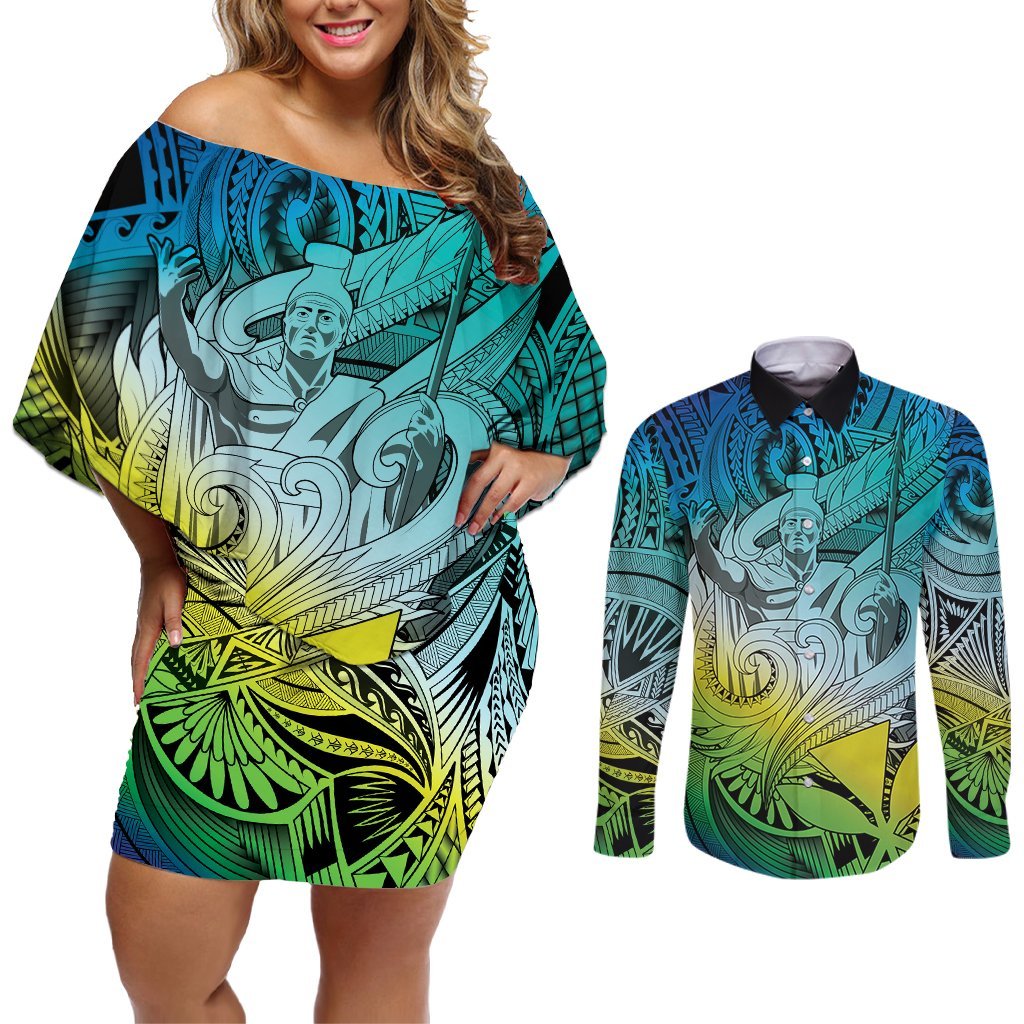 Personalised Aloha King Kamehameha Spirits Couples Matching Off Shoulder Short Dress and Long Sleeve Button Shirt Art Special LT9 Art - Polynesian Pride