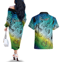 Personalised Aloha King Kamehameha Spirits Couples Matching Off The Shoulder Long Sleeve Dress and Hawaiian Shirt Art Special LT9 - Polynesian Pride