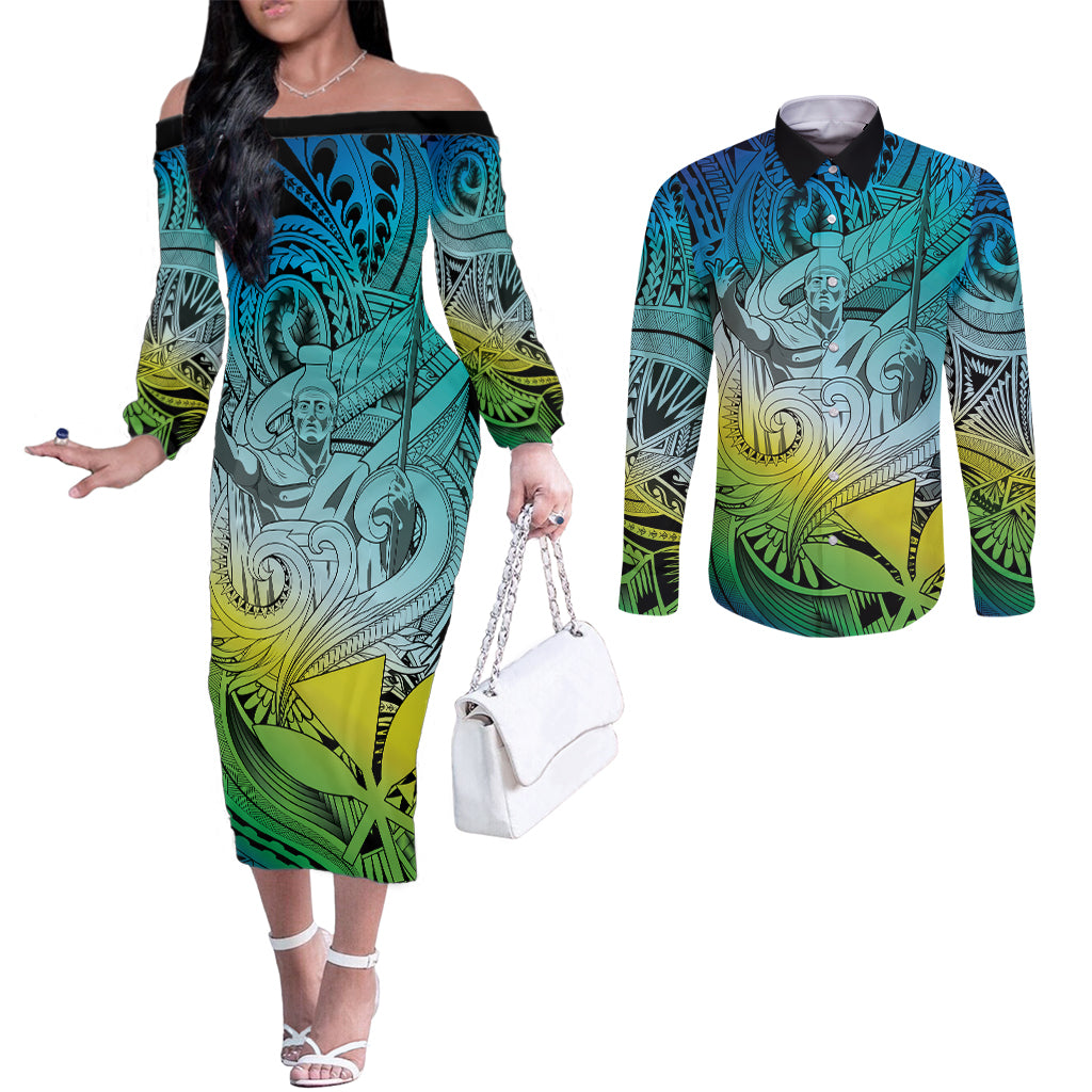 Personalised Aloha King Kamehameha Spirits Couples Matching Off The Shoulder Long Sleeve Dress and Long Sleeve Button Shirt Art Special LT9 Art - Polynesian Pride