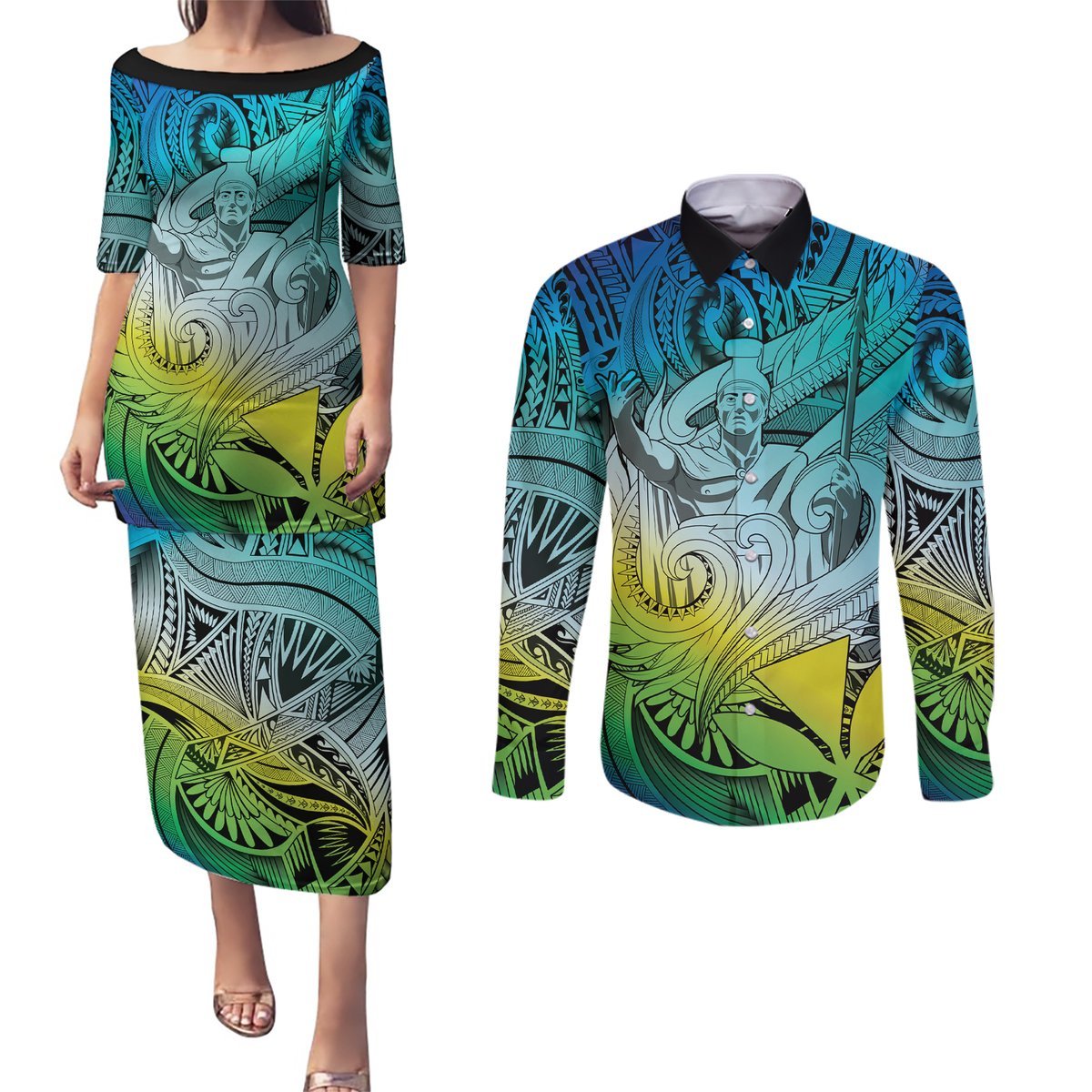 Personalised Aloha King Kamehameha Spirits Couples Matching Puletasi and Long Sleeve Button Shirt Art Special LT9 Art - Polynesian Pride