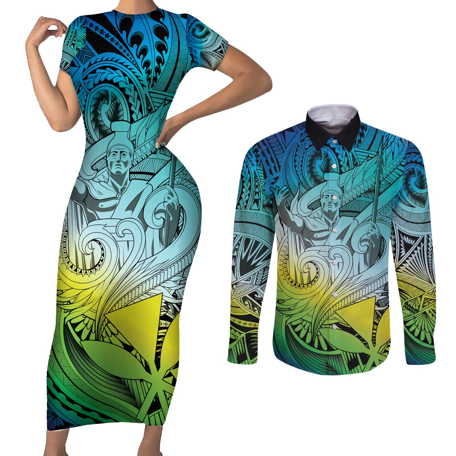 Personalised Aloha King Kamehameha Spirits Couples Matching Short Sleeve Bodycon Dress and Long Sleeve Button Shirt Art Special LT9 Art - Polynesian Pride