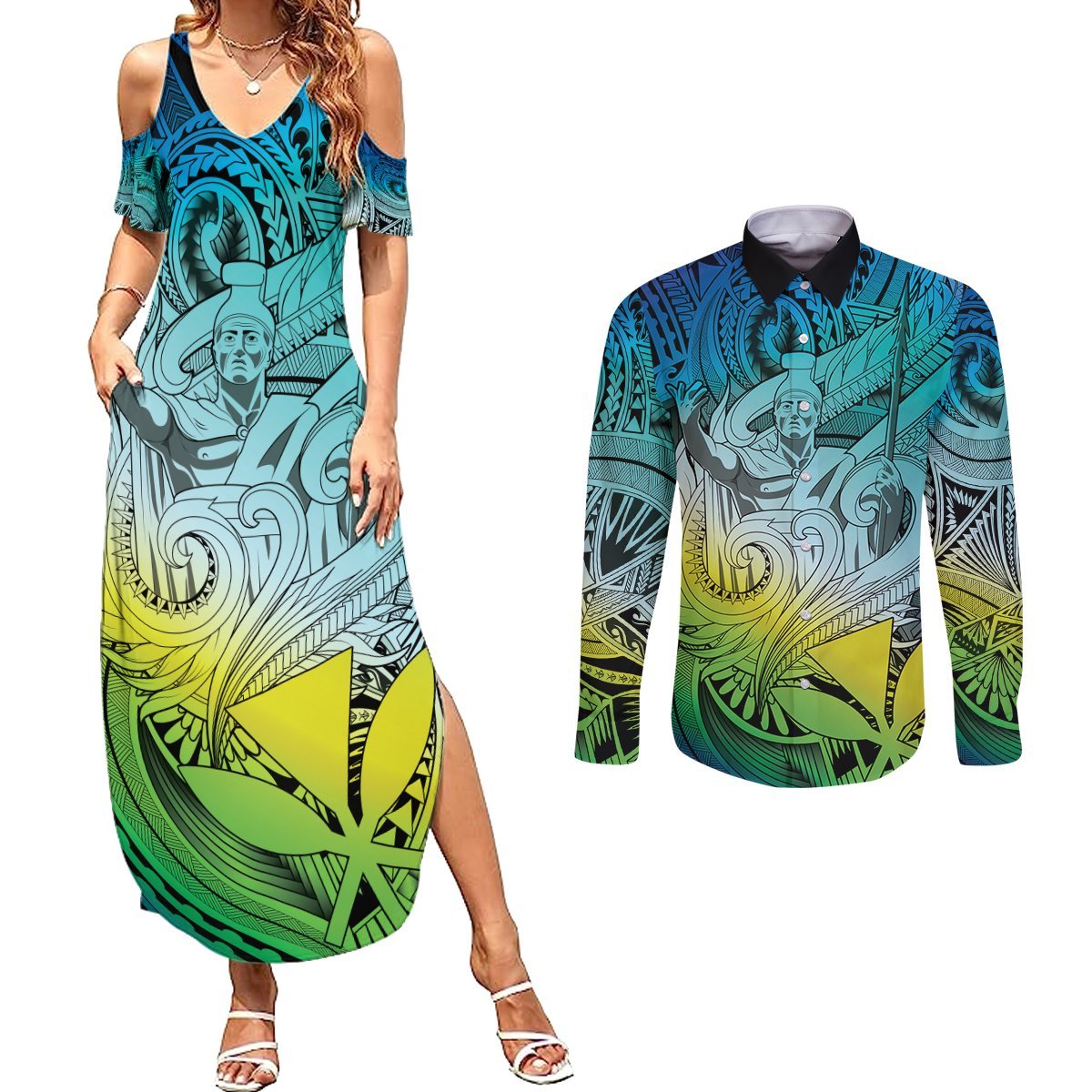 Personalised Aloha King Kamehameha Spirits Couples Matching Summer Maxi Dress and Long Sleeve Button Shirt Art Special LT9 Art - Polynesian Pride