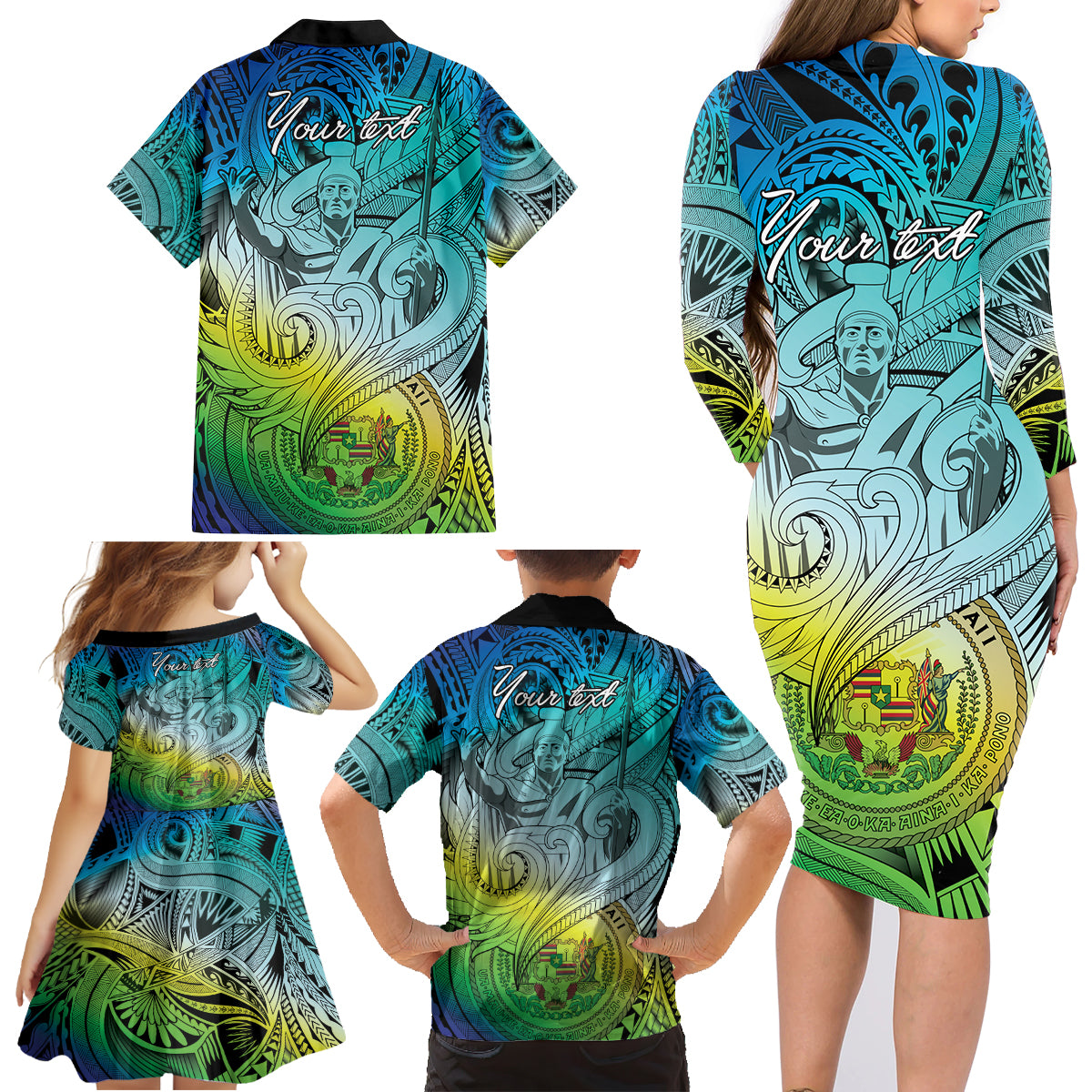 Personalised Aloha King Kamehameha Spirits Family Matching Long Sleeve Bodycon Dress and Hawaiian Shirt Art Special LT9 - Polynesian Pride