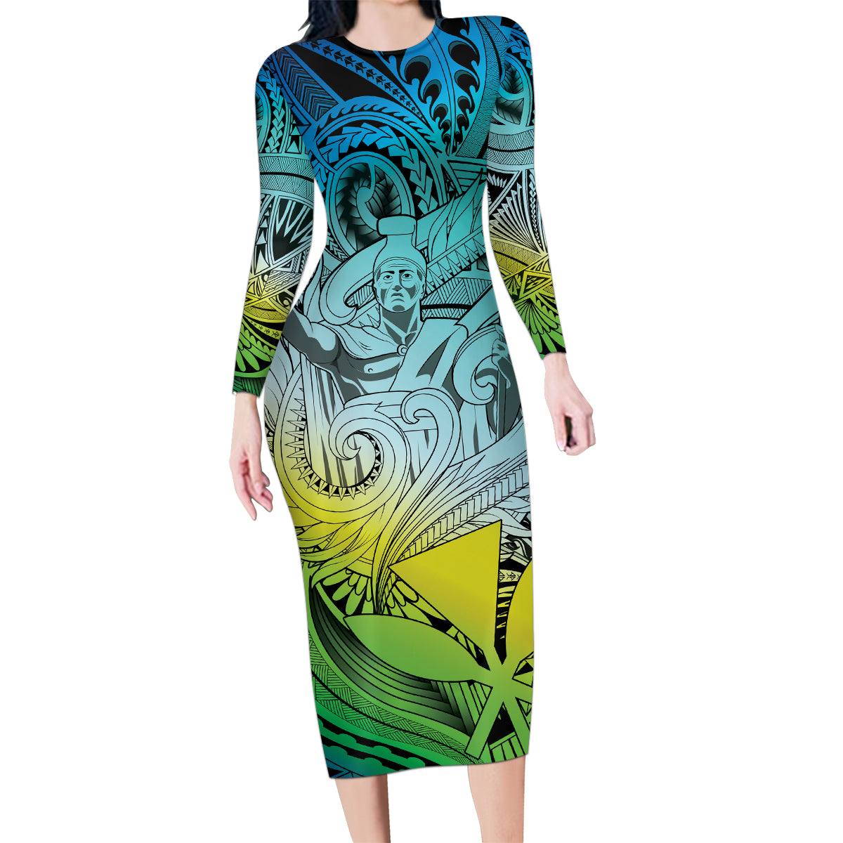 Personalised Aloha King Kamehameha Spirits Family Matching Long Sleeve Bodycon Dress and Hawaiian Shirt Art Special LT9 Mom's Dress Art - Polynesian Pride