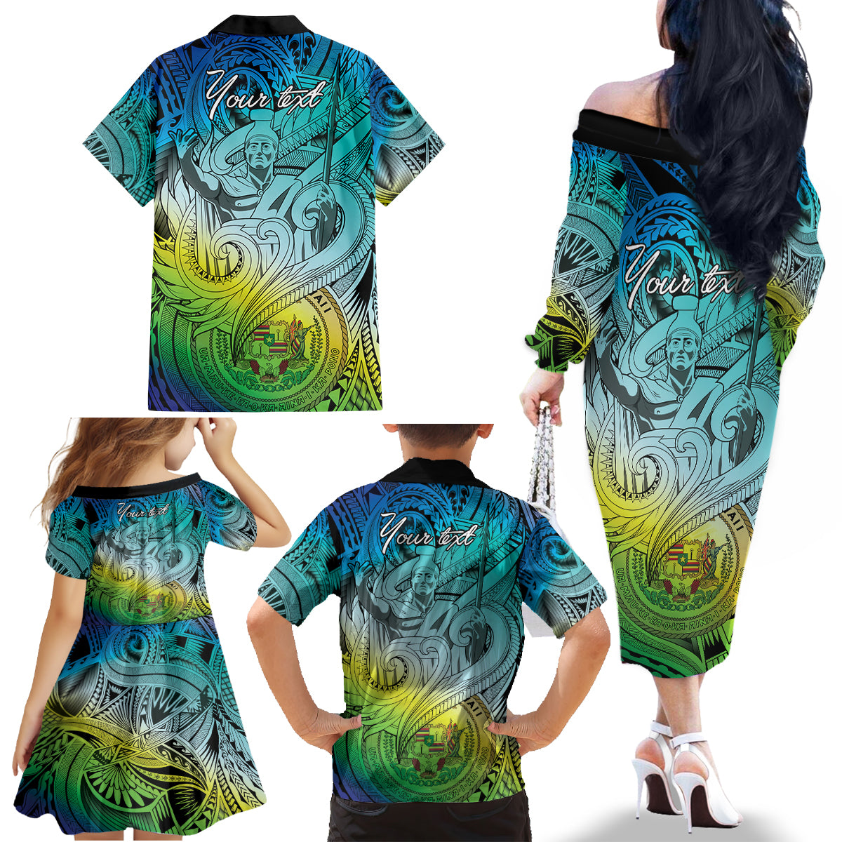 Personalised Aloha King Kamehameha Spirits Family Matching Off Shoulder Long Sleeve Dress and Hawaiian Shirt Art Special LT9 - Polynesian Pride