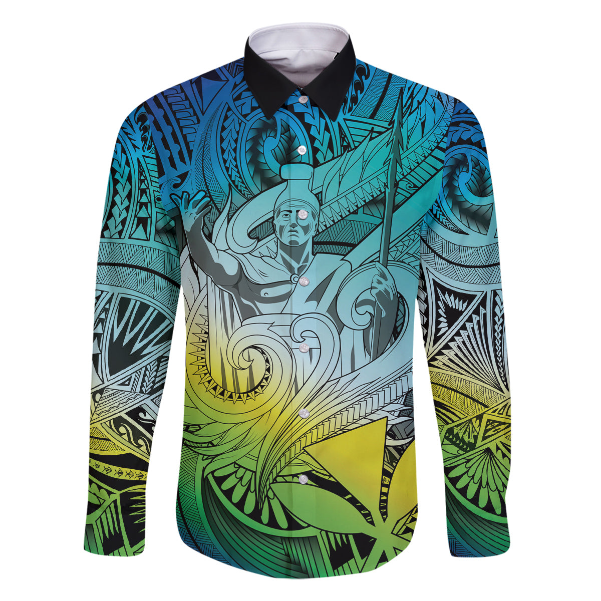 Personalised Aloha King Kamehameha Spirits Family Matching Off Shoulder Long Sleeve Dress and Hawaiian Shirt Art Special LT9 Dad's Shirt - Long Sleeve Art - Polynesian Pride