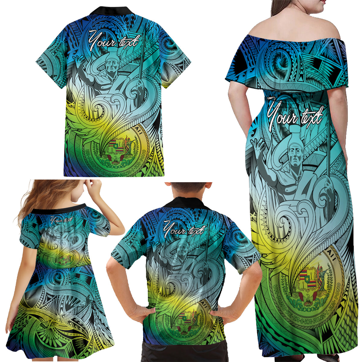 Personalised Aloha King Kamehameha Spirits Family Matching Off Shoulder Maxi Dress and Hawaiian Shirt Art Special LT9 - Polynesian Pride
