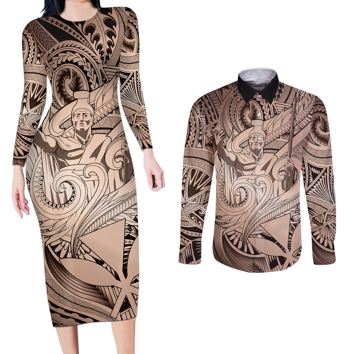 Personalised Aloha King Kamehameha Spirits Couples Matching Long Sleeve Bodycon Dress and Long Sleeve Button Shirt Beige Special LT9 Beige - Polynesian Pride