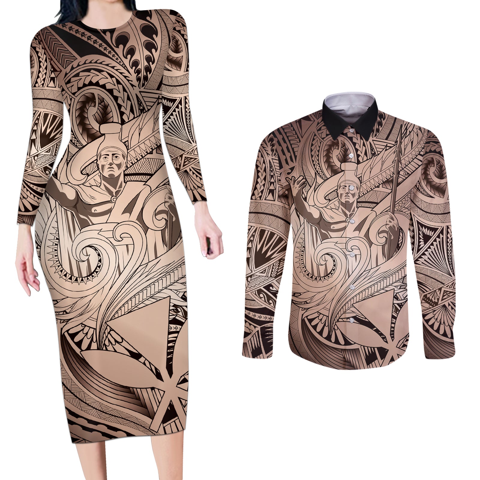 Personalised Aloha King Kamehameha Spirits Couples Matching Long Sleeve Bodycon Dress and Long Sleeve Button Shirt Beige Special LT9 Beige - Polynesian Pride