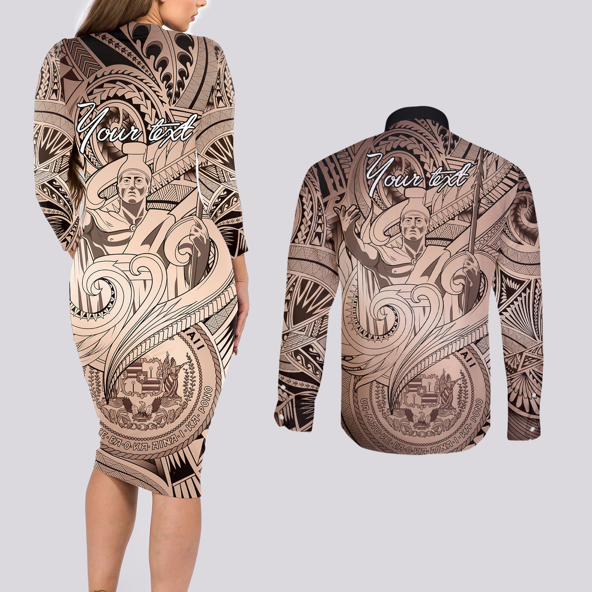 Personalised Aloha King Kamehameha Spirits Couples Matching Long Sleeve Bodycon Dress and Long Sleeve Button Shirt Beige Special LT9 - Polynesian Pride