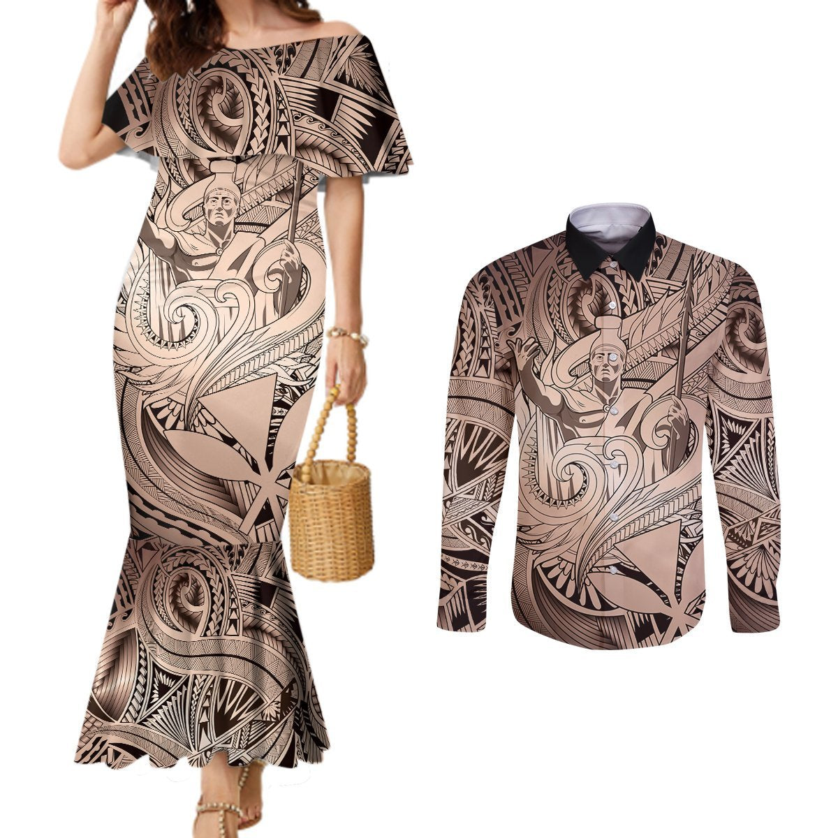 Personalised Aloha King Kamehameha Spirits Couples Matching Mermaid Dress and Long Sleeve Button Shirt Beige Special LT9 Beige - Polynesian Pride