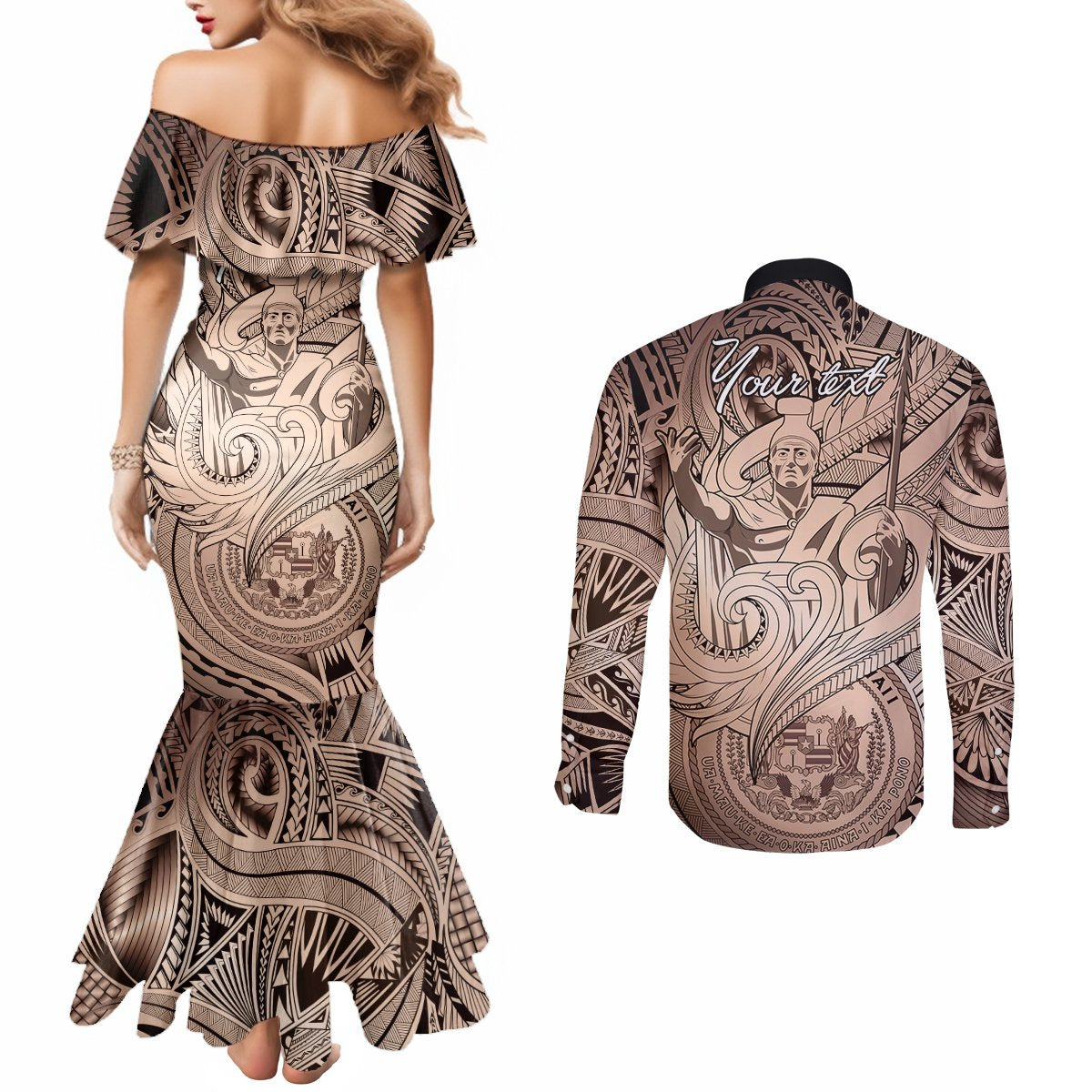 Personalised Aloha King Kamehameha Spirits Couples Matching Mermaid Dress and Long Sleeve Button Shirt Beige Special LT9 - Polynesian Pride