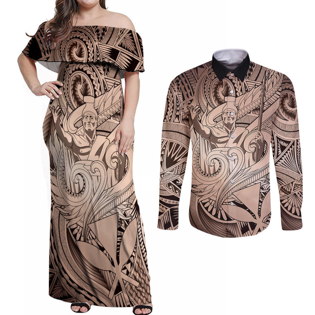 Personalised Aloha King Kamehameha Spirits Couples Matching Off Shoulder Maxi Dress and Long Sleeve Button Shirt Beige Special LT9 Beige - Polynesian Pride