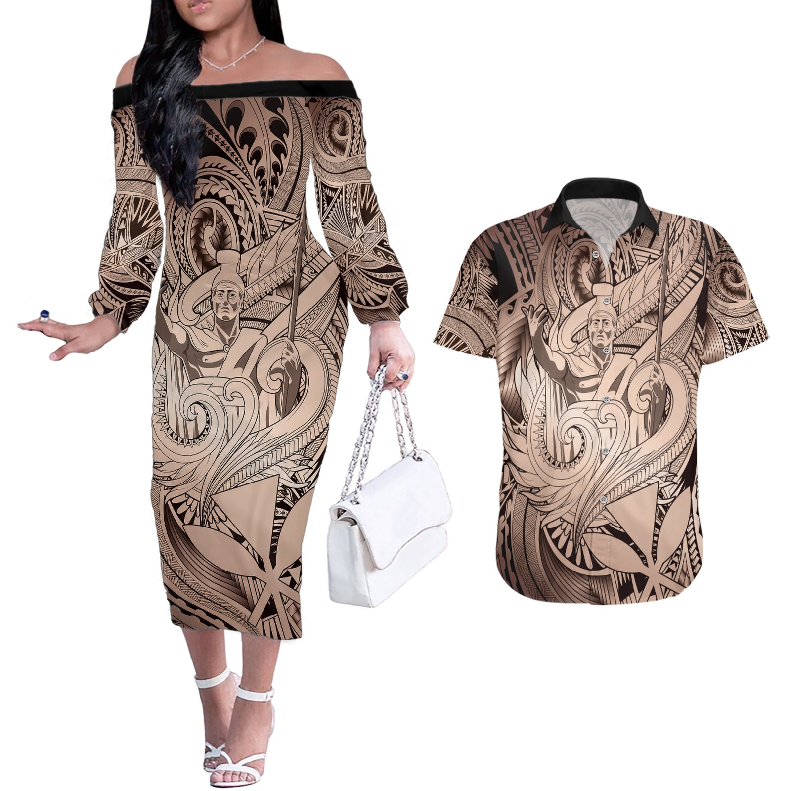 Personalised Aloha King Kamehameha Spirits Couples Matching Off The Shoulder Long Sleeve Dress and Hawaiian Shirt Beige Special LT9 Beige - Polynesian Pride