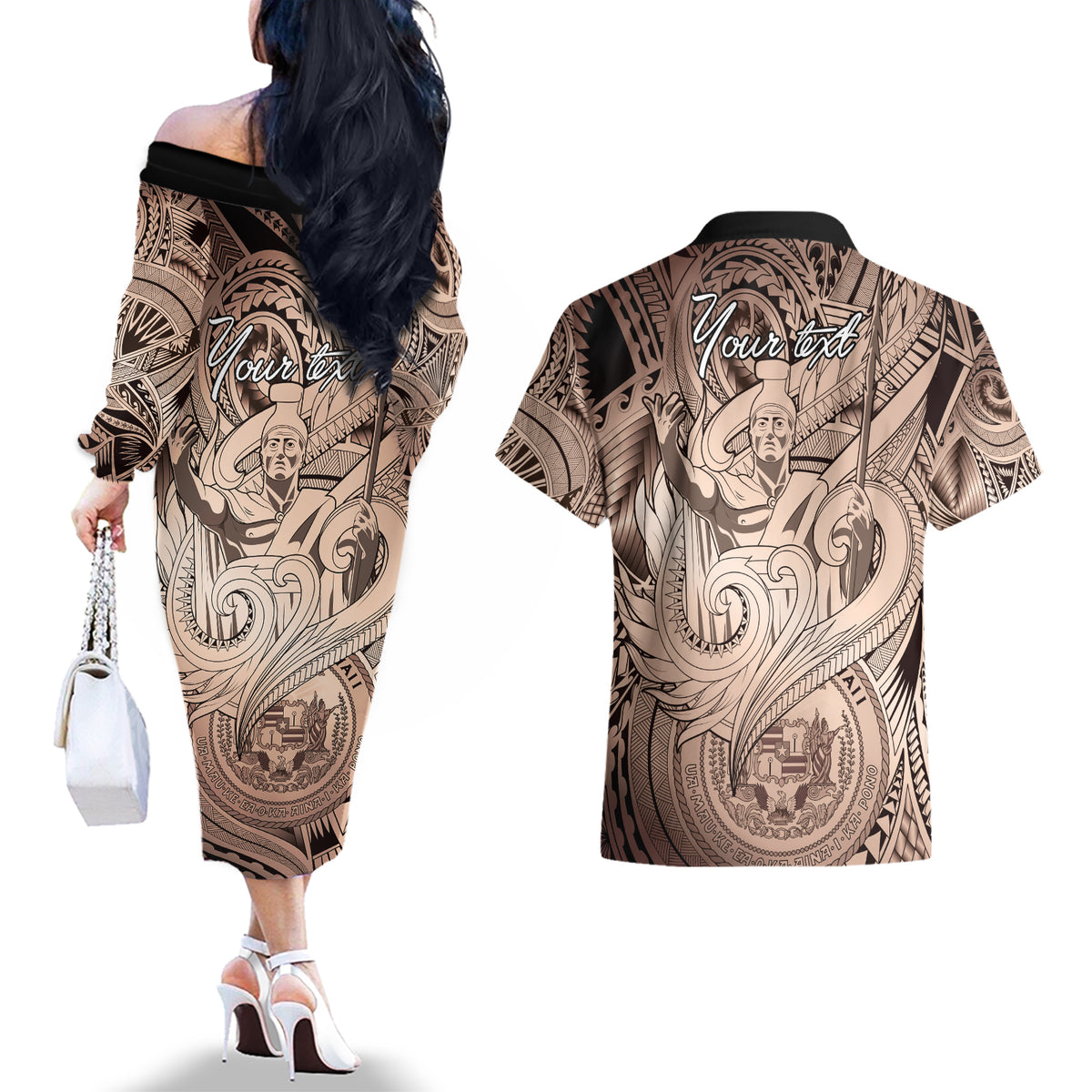 Personalised Aloha King Kamehameha Spirits Couples Matching Off The Shoulder Long Sleeve Dress and Hawaiian Shirt Beige Special LT9 - Polynesian Pride