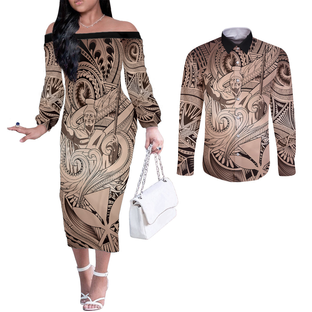 Personalised Aloha King Kamehameha Spirits Couples Matching Off The Shoulder Long Sleeve Dress and Long Sleeve Button Shirt Beige Special LT9 Beige - Polynesian Pride