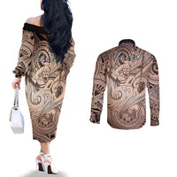Personalised Aloha King Kamehameha Spirits Couples Matching Off The Shoulder Long Sleeve Dress and Long Sleeve Button Shirt Beige Special LT9 - Polynesian Pride