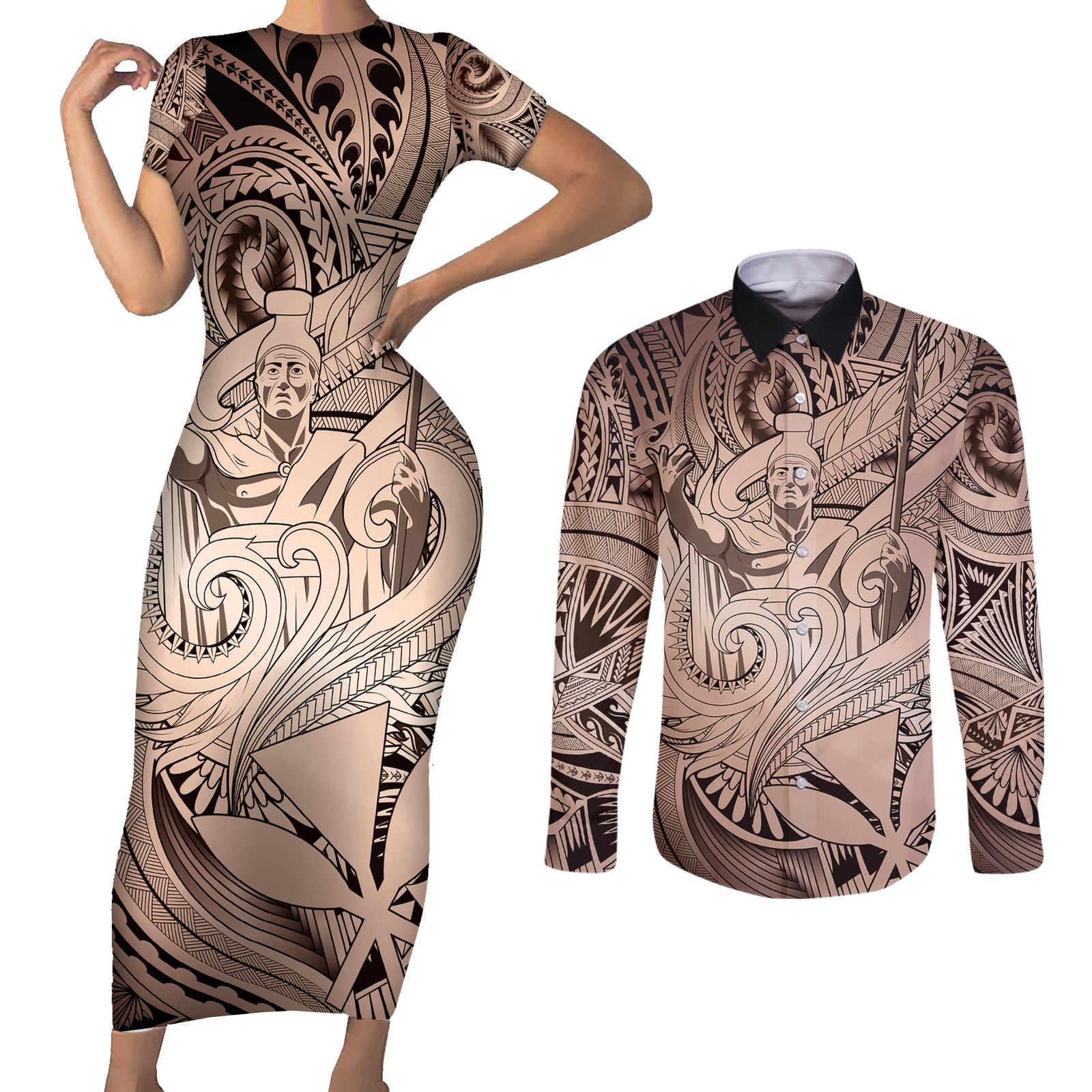 Personalised Aloha King Kamehameha Spirits Couples Matching Short Sleeve Bodycon Dress and Long Sleeve Button Shirt Beige Special LT9 Beige - Polynesian Pride