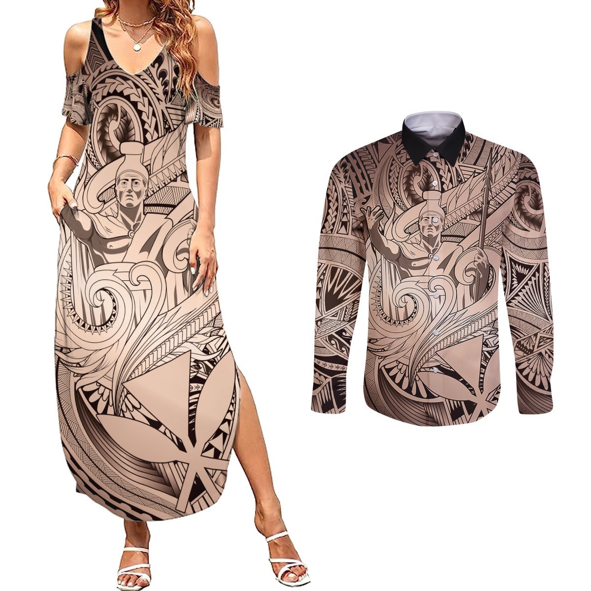 Personalised Aloha King Kamehameha Spirits Couples Matching Summer Maxi Dress and Long Sleeve Button Shirt Beige Special LT9 Beige - Polynesian Pride