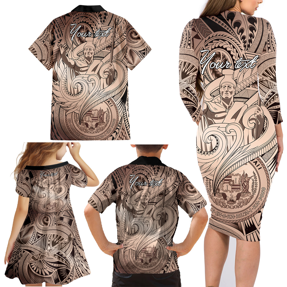 Personalised Aloha King Kamehameha Spirits Family Matching Long Sleeve Bodycon Dress and Hawaiian Shirt Beige Special LT9 - Polynesian Pride