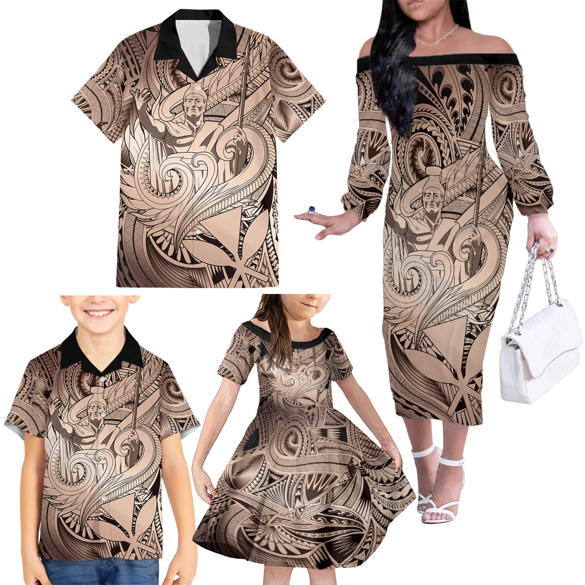 Personalised Aloha King Kamehameha Spirits Family Matching Off Shoulder Long Sleeve Dress and Hawaiian Shirt Beige Special LT9 - Polynesian Pride