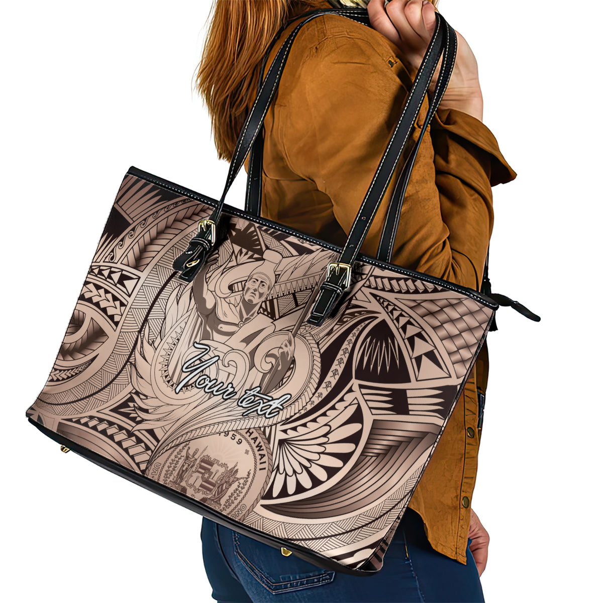 Personalised Aloha King Kamehameha Spirits Leather Tote Bag Beige Special