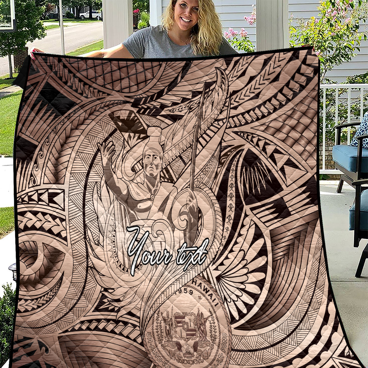 Personalised Aloha King Kamehameha Spirits Quilt Beige Special LT9 Beige - Polynesian Pride