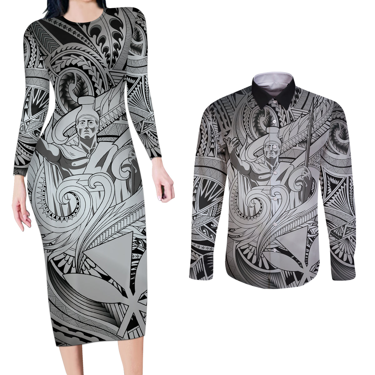 Personalised Aloha King Kamehameha Spirits Couples Matching Long Sleeve Bodycon Dress and Long Sleeve Button Shirt Grey Special LT9 Grey - Polynesian Pride